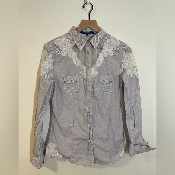 GUESS Striped Sheer Long Sleeve Button Down Western Shirt Sz Lg Pearl Snap Lace - Picture 1 of 12